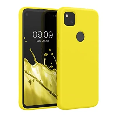 Abbildung von kwmobile Hülle kompatibel mit Google Pixel 4a gummierte TPU Silikon Handyhülle Schutzhülle für kabelloses Laden Case in Strahlend Gelb