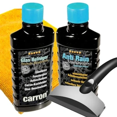 Abbildung von carron Anti Rain Abperleffekt Regenabweiser 3in1 Set mit Eiskratzer + Poliertuch für Autoscheibe Glasversiegelung regenabweisenden Lotuseffekt inkl. Tiefen Reiniger und Versiegelung