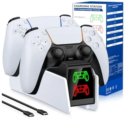 Abbildung von HELLCOOL PS5 Controller Ladestation, Ladestation mit 2 3 Std Schnelllade/LED Anzeige für Dualsense Wireless/Edge Controller, Zubehör Playstation 5 Skins