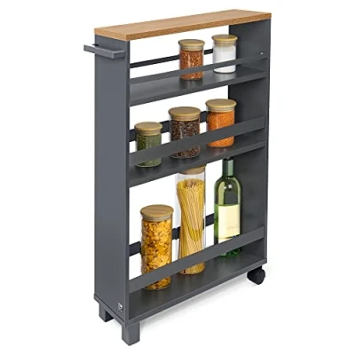 Abbildung von bomoe Nischenregal 15cm breit Küchenwagen Küchenregal Schmal Rollwagen 3 Fächer &amp; Arbeitsplatte Nischenschrank Küche Bad Büro Bathroom Cart Nischenwagen Anthrazit 79x50 cm Hylla