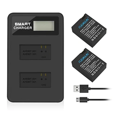 Abbildung von FUGASUN 2 Stück 1600 mAh für Gopro AHDBT 201/301 Kamera Akku mit Dual Ladegerät Hero 3 3+ 301, 201