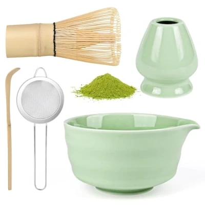 Abbildung von 5 Stück Matcha Set, Whisk Tea Stylisches Matchas Set Mit Besen, Filtersieb, Schale, Chasen und Löffel, für Einsteiger (Hellgrün)