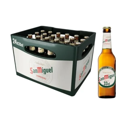 Abbildung von San Miguel Especial Premium Lager Flaschenbier, MEHRWEG (24 x 0.33 l) im Kasten, Internationales Bier, 24er Kiste (Verpackung kann variieren)