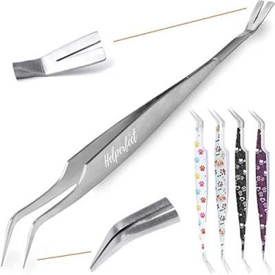 Abbildung von Helperfect Premium 2in1 Edelstahl Zeckenzange für Hunde und Katzen Schonender &amp; Effektiver Zeckenentferner Bestehend aus Zeckenpinzette Zeckenhaken Perfekt alle Haustierbesitzer