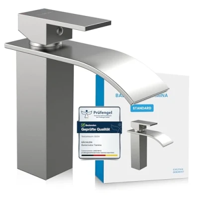 Abbildung von Bächlein Badarmatur Tamina in Wasserfall Design, Einhebelmischer mit langlebiger Keramikkartusche und Montage Set, Bad Wasserhahn Edelstahl