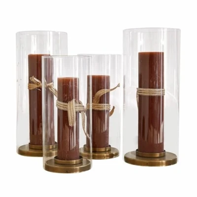 Abbildung von Loberon Windlicht 4er Set Kriven, Zwei Größen, Mundgeblasen, für Stumpenkerzen, Zeitlose Eleganz, Kerzenhalter, Dekoration, Eisen, Glas, Messing/Gold