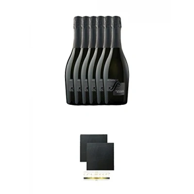 Abbildung von Sacchetto Spumante Etichetta Nera Millesimato Extra Dry 6 x 0,75 Liter + Schiefer Glasuntersetzer eckig ca. 9,5 cm Ø 2 Stück