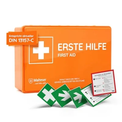 Abbildung von FLEXEO Erste Hilfe Koffer DIN 13157, (1 St), Betriebsverbandkasten inkl. Wandhalterung, orange