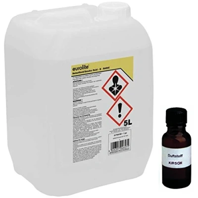 Abbildung von 5 Liter Eurolite B (Basic) Nebelfluid + 30 ml Duftstoff Kirsche, Smoke Fluid, Nebel Fluid Flüssigkeit für Nebelmaschine (5 L Duft Kirsche)