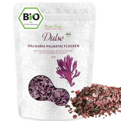 Abbildung von Dulse Flocken Bio Atlantik Algen (Wildsammlung Roh Vegan) Atlantischer Lappentang Rotalgen Umami Würze, Veganer Speck, Snack, Salzersatz Organic Raw Wild Atlantic Seaweed Flakes PureRaw 75g