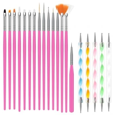 Abbildung von URAQT 20 Stück Nagel Pinsel Set, Pinsel, Nageldesign Stifte Brush, Acryl Kunst mit Dotting Tools,für gelnägel UV Gel Nail Art (Rosarot)