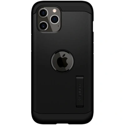 Abbildung von Apple iPhone 12 Hülle Kunststoff Spigen Hard Case/Backcover Handyhülle Schwarz Shockproof/Stoßfest