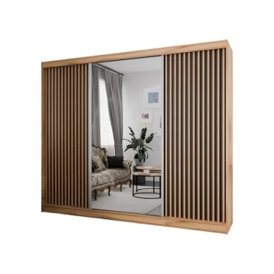 Abbildung von MargaretHadas24 Kleiderschrank Lili mit Lamellen 250 cm inklusive 3 Schiebetüren Schwebetürenschrank Kleiderstange Garderobe Schrank (Eiche Craft Gold, schwarz, Lamelle wotan, Spiegel)