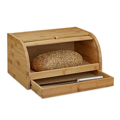 Abbildung von relaxdays Brotkasten Rollbrotkasten mit Schublade Bambus, Bambus