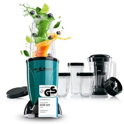 Abbildung von GOURMETmaxx Standmixer Smoothie Maker &amp; 18tlg. Set 400W, 400 W, Mixer inkl. 4 To Go Becher, 2 Klingen, Entsafter, Stößel Deckel