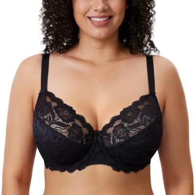 Abbildung von DELIMIRA Damen Vollschalen BH ungefütterte Spitze Tüll Cup,mit Bügel Schwarz 95B
