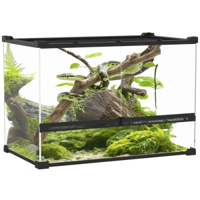 Abbildung von PawHut Terrarium für Reptilien Glasterrarium 48L Reptil Fütterungsbox mit Frontbelüftung, ausbruchsicherer Drehverschluss Amphibien Spinne Schwarz 50 x 30 35 cm