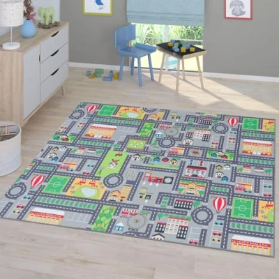 Abbildung von TT Home Kinderzimmerteppich Teppich Junge Mädchen Kinderteppich Baby rutschfest Straße, Farbe: Grau 4, Größe:80x150 cm