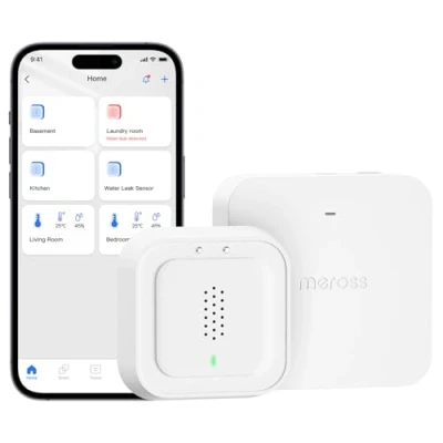Abbildung von Meross Smart Wassermelder mit Hub Wasserlecksensor WLAN IP66 bis 100dB Sensor &amp; APP Alarm Wasseralarm Melder für Küche, Badezimmer, Keller Batterie 3 Jahre 2,4GHz