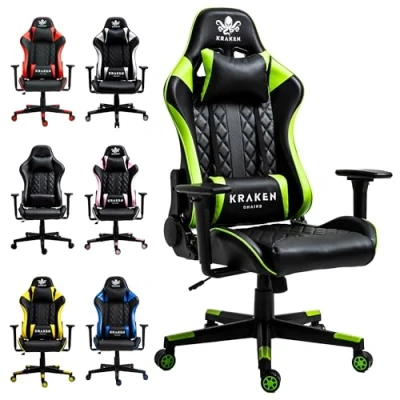 Abbildung von KRAKEN CHAIRS Gaming Stuhl Bürostuhl Sessel Höhenverstellbar Drehstuhl Ergonomischer Gamer Verstellbare 3D Armlehne Lenden Kissen Kopfstütze Schwarz Grün