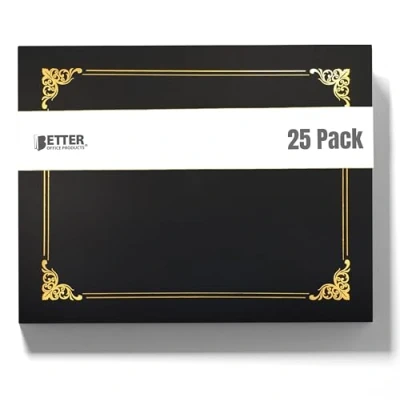 Abbildung von Better Office Products 25 Stück schwarze Zeugnishalter, Diplomhalter, Dokumentenhüllen mit Goldfolienrand, für Papier in Briefgröße, Stück, Schwarz