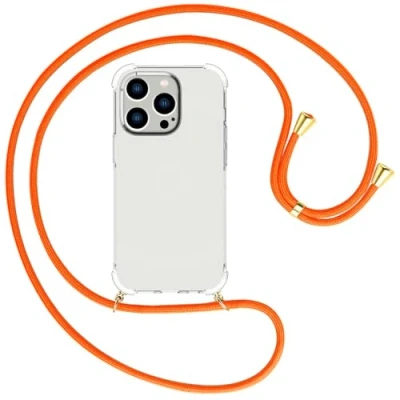 Abbildung von mtb more energy® Handykette kompatibel mit iPhone 15 Pro Neon Orange/Goldfarbene Ösen Smartphone Hülle zum Umhängen Anti Shock Full TPU Case