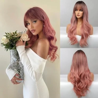 Abbildung von Honygebia Perücke Rosa mit Pony Ombre Pink Perücken für Damen, Lange Gerade Gewelltes, Frauen Natürliche Realistisches Synthetische Hitzeresistente Haar Karneval/Kostüme/Mottoparty