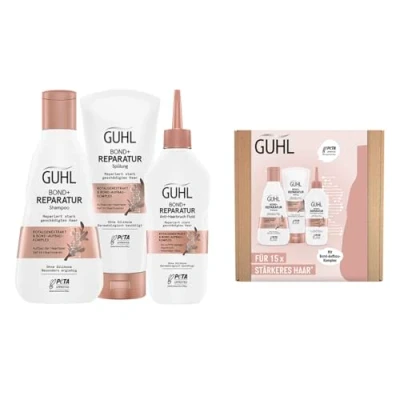 Abbildung von Guhl BOND+ Reparatur Vorteils Set Inhalt: Shampoo, 250 ml + Spülung, 200 Anti Haarbruch Fluid, 150 Aufbau der Haarfaser tief im Haarinneren Silikonfrei
