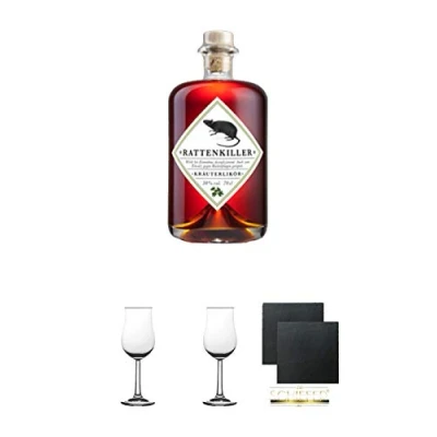 Abbildung von Rattenkiller Kräuterlikör 0,7 Liter + Nosing Kelchglas Bugatti mit Eichstrich 2cl und 4cl 2 Stück Schiefer Glasuntersetzer