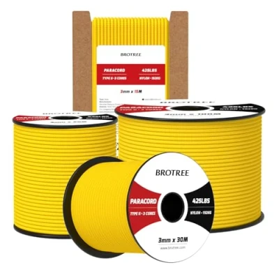 Abbildung von Brotree Paracord 3mm 100M 100% Nylon Seil Schnur Typ II 425 mit 3 Kern für Survival, Outdoor, Armband, Basteln Bruchlast 192kg (Goldgelb)
