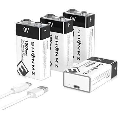 Abbildung von 【4 Stück】 9V wiederaufladbare Lithium ionen Batterie, 1300mAh Akku Schnellladung über Micro USB 1500 Zyklen für Rauchmelder Brandmelder Multimeter