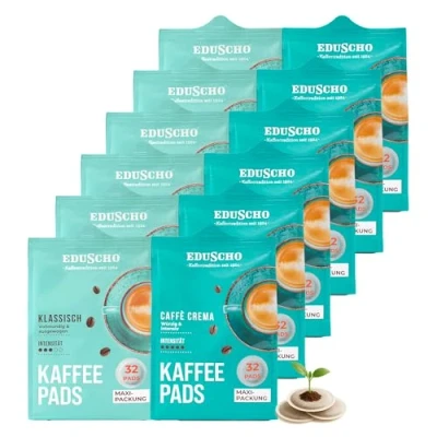 Abbildung von Eduscho Kaffeepads Probierset Vorratspack Maxi Packung, Klassisch &amp; Caffè Crema, 384 Pads 12 x 32 Pads, für alle Pad Maschinen, industriell kompostierbar