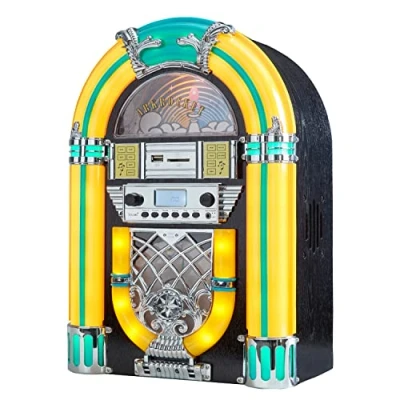 Abbildung von Arkrocket Athena Mini Jukebox/Tisch CD Player/Bluetooth Lautsprecher/Radio/USB und SD Kartenspieler mit Retro LED Beleuchtungssystem