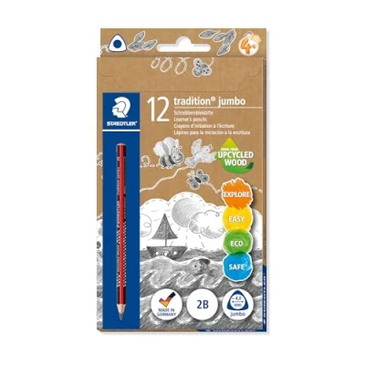 Abbildung von STAEDTLER jumbo 1285 Schreiblernbleistift, Made from Upcycled Wood, Rutschfeste Soft Oberfläche, in Germany, Einzelprodukt 2B, Faltschachtel, 12 Bleistifte, 0