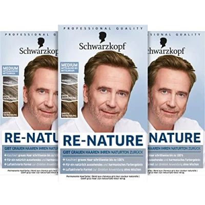 Abbildung von Men Perfect Re Nature Männer Mittelblond bis Mittelbraun (3x 145 ml), Pigmentierungs Creme, stellt ohne Haare färben die Naturhaarfarbe wieder her und kaschiert schonend graue
