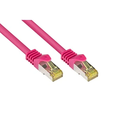 Abbildung von Good Connections RJ45 Ethernet LAN Patchkabel mit Cat. 7 Rohkabel und Rastnasenschutz RNS, S/FTP, PiMF, halogenfrei, 500MHz, OFC, 10 Gigabit fähig (10/100/1000/10000 Base T Netzwerke) z.B. für Patchpanel, Switch, Router, Modem magenta, 5 m