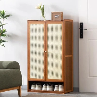 Abbildung von Pounjsd Rattan Schuhschrank, 8 Etagen Schuhaufbewahrung, Holzschuhe Schuhschrank,schmaler Schuhregal Organizer, Schuhkipper Schmal, Schuhschrank für Eingangsbereich, Flur, Schlafzimmer