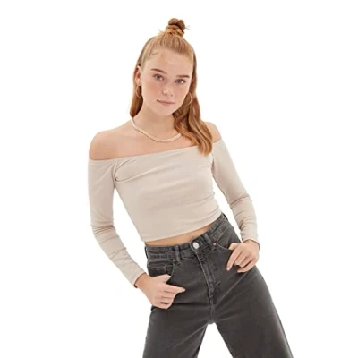 Abbildung von Trendyol Damen Carmen Kragen Crop gestrickte Bluse Blouse, Stone, XXS