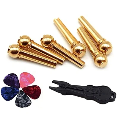 Abbildung von Alnicov 6 Stück Messing Gitarre Brücke Pins Endpin mit Pin Puller Remover &amp; 5 Gitarrenplektren für Bridge Pegs Gitarrenparts