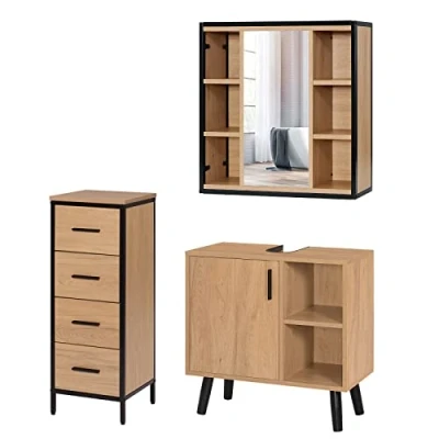 Abbildung von EUGAD Badezimmer Badmöbel Set Waschbeckenunterschrank Unterschrank Badezimmerschrank mit Spiegelschrank Hängeschrank für Bad Kommode 4 Schubladen Metall + Holz Model 14