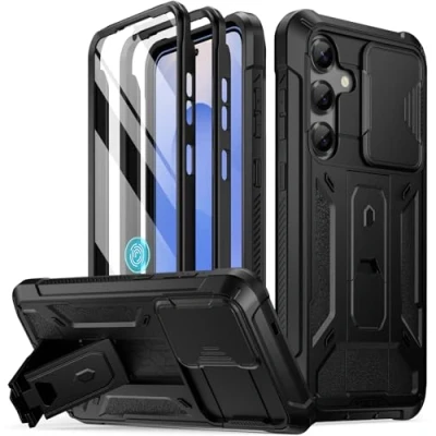 Abbildung von POETIC Spartan Hülle für Galaxy S25 6.2&quot;, [Schiebe Kamera Abdeckung] [Displayschutz funktioniert mit Fingerabdruck ID] Robuste Plus Telefonhülle in Militärqualität Ständer, Mattschwarz