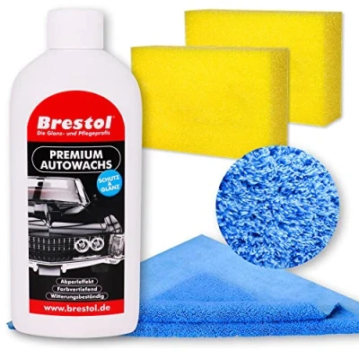 Abbildung von Brestol LACKVERSIEGELUNG Set4 (500 ml + Zubehör) mit Carnaubawachs Hartwachspolitur Autopolitur Hartwachs Abperleffekt Abperl Effekt Nano streusalzbeständig