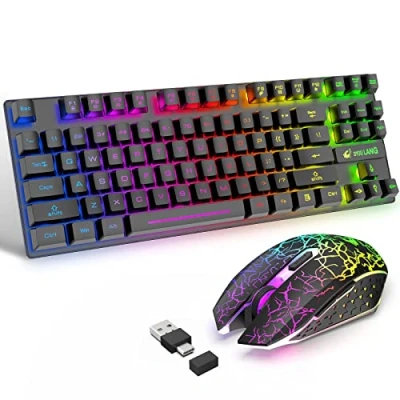Abbildung von 87 Tasten Drahtlose Tastatur Maus Combo Regenbogen von hinten beleuchtet 2.4G wiederaufladbare mechanische Feel Gaming Tastatur+2400DPI 6 Optische LED Maus+Mauspads (schwarz)