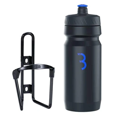 Abbildung von BBB Cycling Wasserflasche und Halter Kombination Universal Fahrrad Flaschenhalter für Rennrad MTB Leicht Aluminium FuelTank CompTank BBC 03C Schwarz/Schwarz Blau