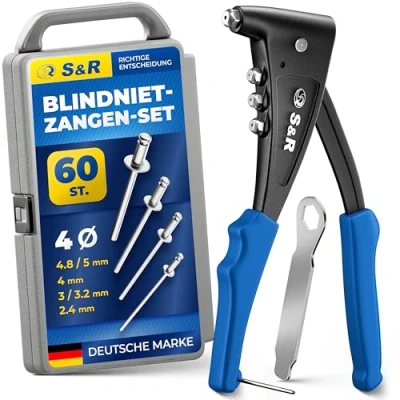 Abbildung von S&amp;R Nietzangen Set für Aluminium, Stahl &amp; Edelstahl Blindnieten (M3 M6), zuverlässige Einhand Blindnietzange mit 60 Nieten und Rückholfeder, Popnietenzange Popnieten, in robustem Koffer