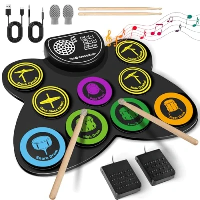 Abbildung von CAHAYA E Drum Set 9 Pads für Kinder Anfänger: Aufrollbar Elektronisches Schlagzeug Mit 2 Pedal Eingebauter Stereo Lautsprecher Unterstützt Kopfhörerausgang 10 Stunden Akkulaufzeit CY00370 1