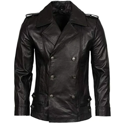 Abbildung von Infinity Leather Herren Klassisch German Marine Militär Peacoat Schwarz Rindleder Lederjacke L