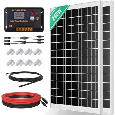 Abbildung von ECO WORTHY Monokristallines Solarpanel Solarzelle kit 240 W enthält 12 V Solarmodul + 30 A Solarladeregler 5m Solarkabel Z Befestigungsklammern für Wohnmobil,Wohnwagen,Haushalt und Off Grid System