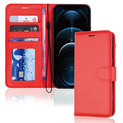 Abbildung von TECHGEAR hülle iPhone 12 Pro Max Leder PU Flip Schutzhülle Ledertasche [Brieftasche] Handyhülle mit Ständer und Handschlaufe Rot Kompatible