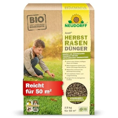 Abbildung von Neudorff Azet HerbstRasenDünger Organischer Bio Dünger für 50 m² stärkt die Frosthärte und sorgt einen dichten, kräftigen Rasen im Frühjahr, 2,5 kg